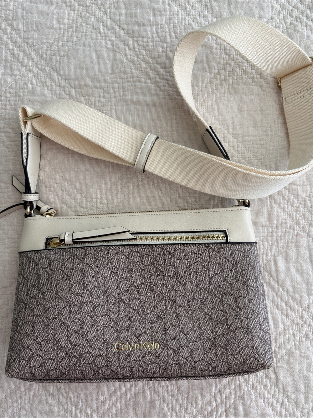 Calvin Klein Taupe Monogram Crossbody with Cream Trim Canvas Strap
